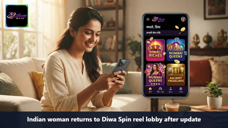 Indian woman returns to Diwa Spin reel lobby after update