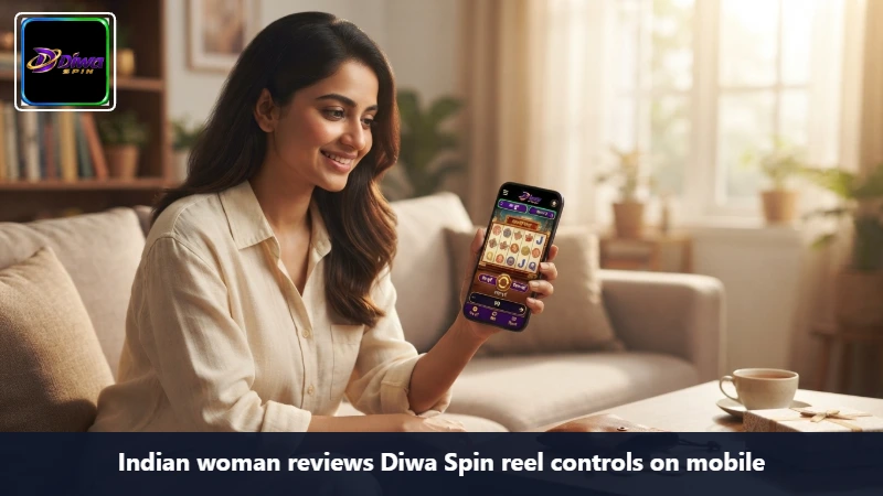 Indian woman reviews Diwa Spin reel controls on mobile