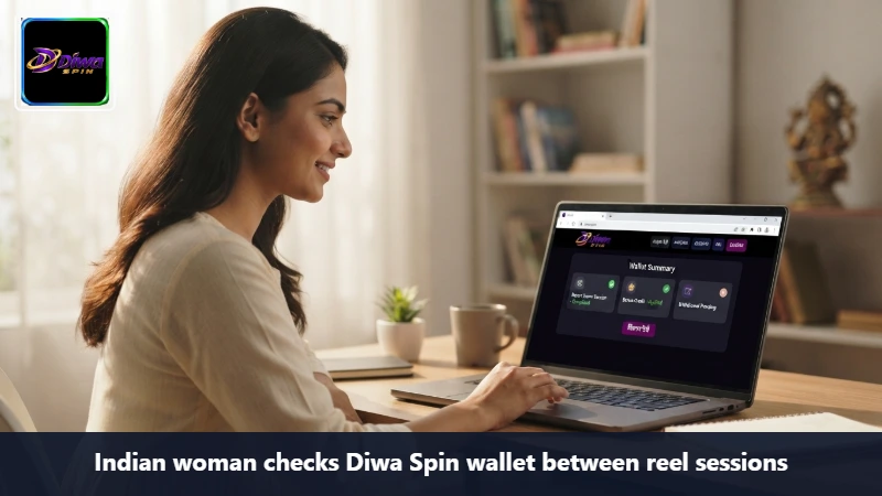 Indian woman checks Diwa Spin wallet between reel sessions